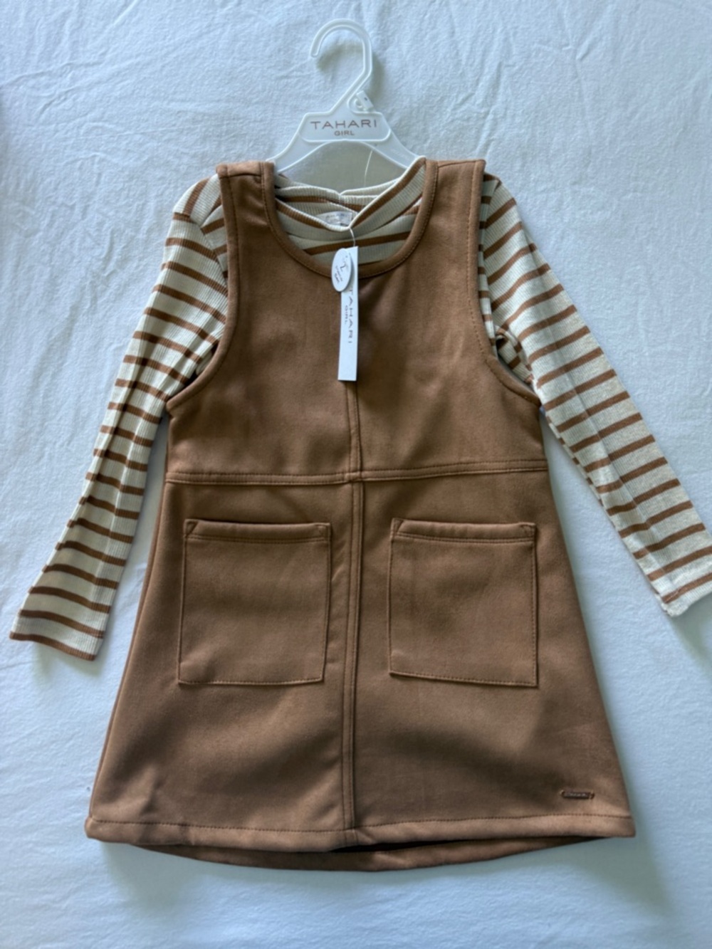 Tahari Girl Brown Pinafore with Cream and Brown Striped Tee